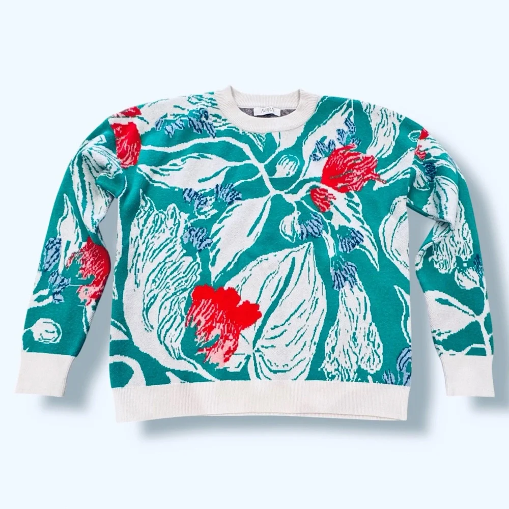 AVARA Size S Green-White w/Pink-Blue Splashes Tropical Print Crew Neck Sweater - Picture 3 of 7